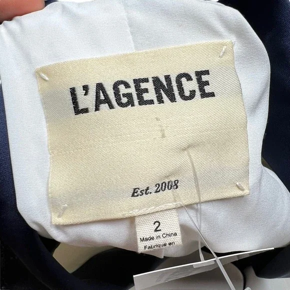 NWT L'AGENCE Women's Sz 2 White Blazer Satin Navy Contrast Lapel Smoking Jacket